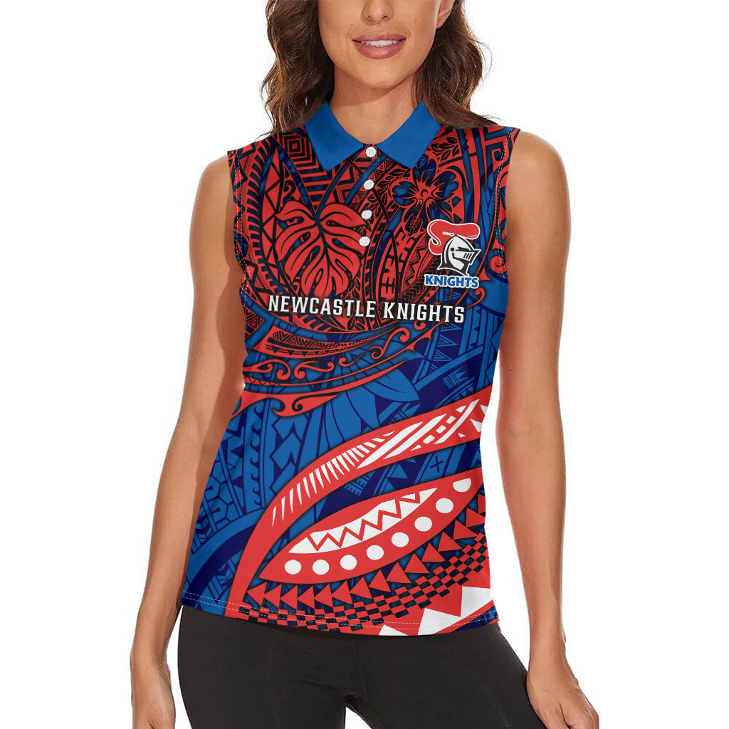 Personalised Newcastle Knights Women Sleeveless Polo Shirt Polynesian Tribal Art Style With Armored Knight Mascot