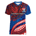Personalised Newcastle Knights Women V-Neck T-Shirt Polynesian Tribal Art Style With Armored Knight Mascot