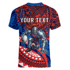 Personalised Newcastle Knights Women V-Neck T-Shirt Polynesian Tribal Art Style With Armored Knight Mascot