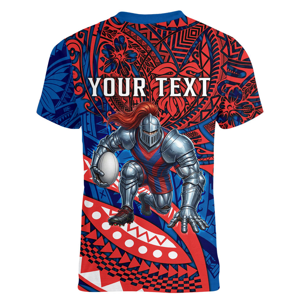 Personalised Newcastle Knights Women V-Neck T-Shirt Polynesian Tribal Art Style With Armored Knight Mascot