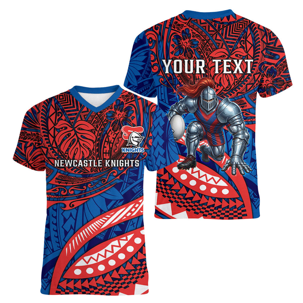 Personalised Newcastle Knights Women V-Neck T-Shirt Polynesian Tribal Art Style With Armored Knight Mascot