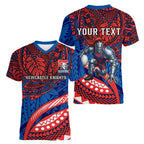 Personalised Newcastle Knights Women V-Neck T-Shirt Polynesian Tribal Art Style With Armored Knight Mascot
