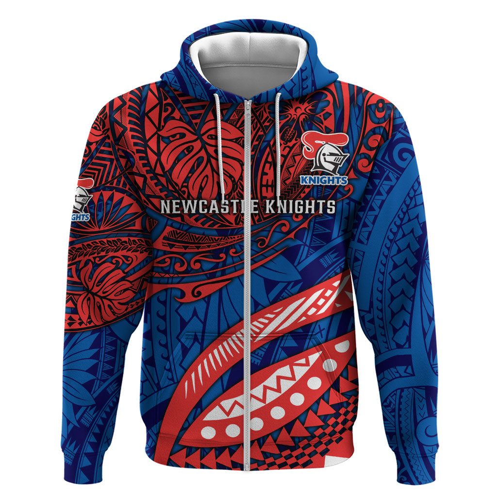 Personalised Newcastle Knights Zip Hoodie Polynesian Tribal Art Style With Armored Knight Mascot