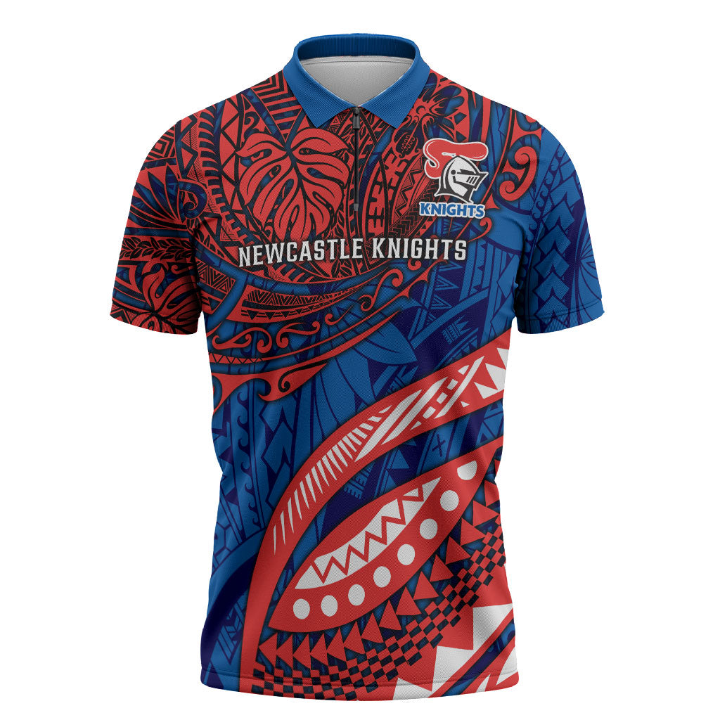 Personalised Newcastle Knights Zipper Polo Shirt Polynesian Tribal Art Style With Armored Knight Mascot