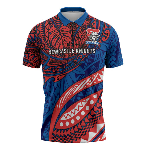 Personalised Newcastle Knights Zipper Polo Shirt Polynesian Tribal Art Style With Armored Knight Mascot