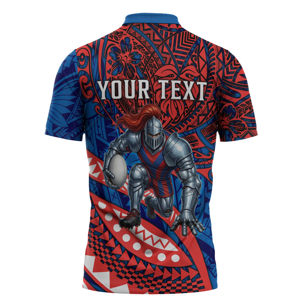 Personalised Newcastle Knights Zipper Polo Shirt Polynesian Tribal Art Style With Armored Knight Mascot