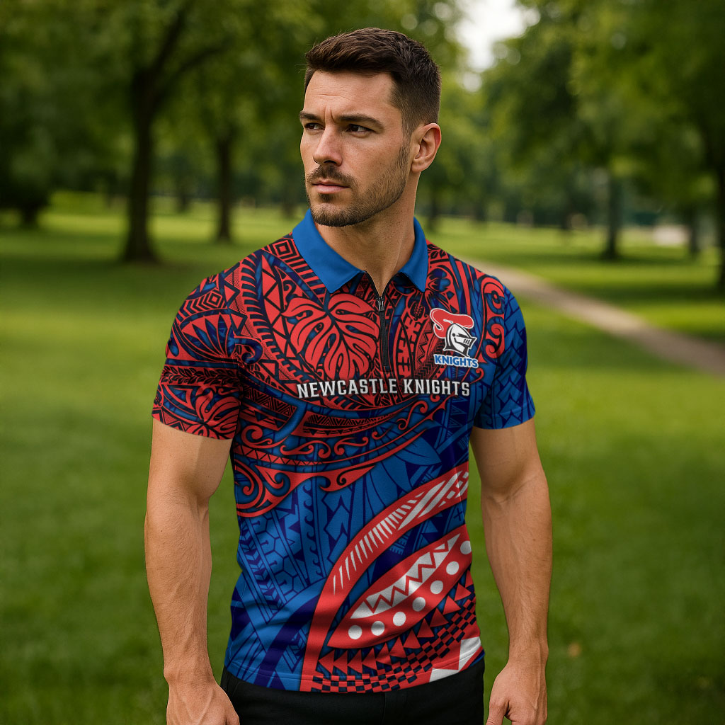 Personalised Newcastle Knights Zipper Polo Shirt Polynesian Tribal Art Style With Armored Knight Mascot