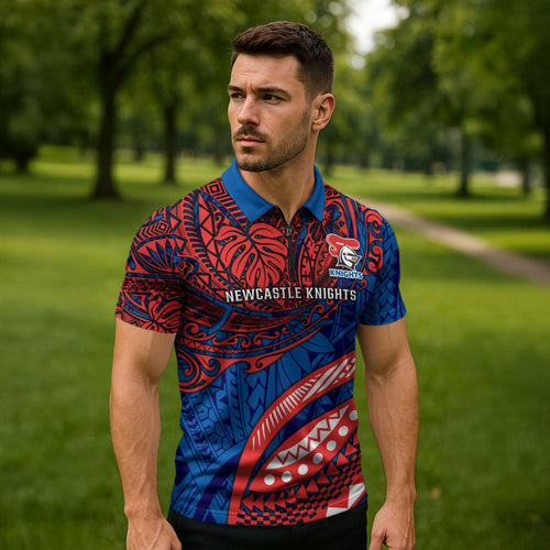 Personalised Newcastle Knights Zipper Polo Shirt Polynesian Tribal Art Style With Armored Knight Mascot