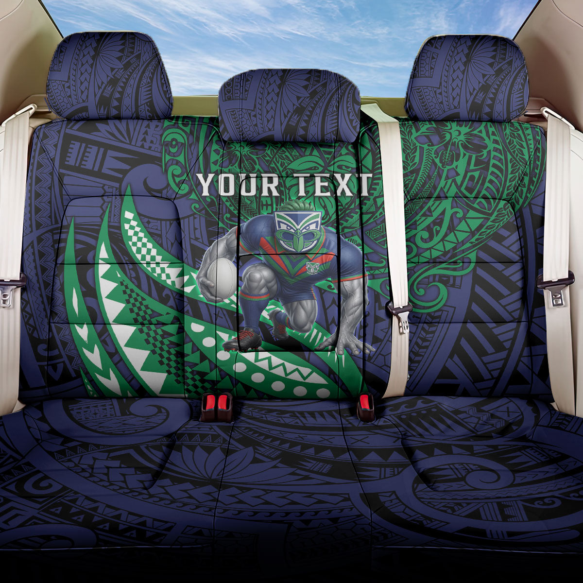 Personalised New Zealand Warriors Back Car Seat Cover Polynesian Tribal Art Style With Fierce Warrior Mascot