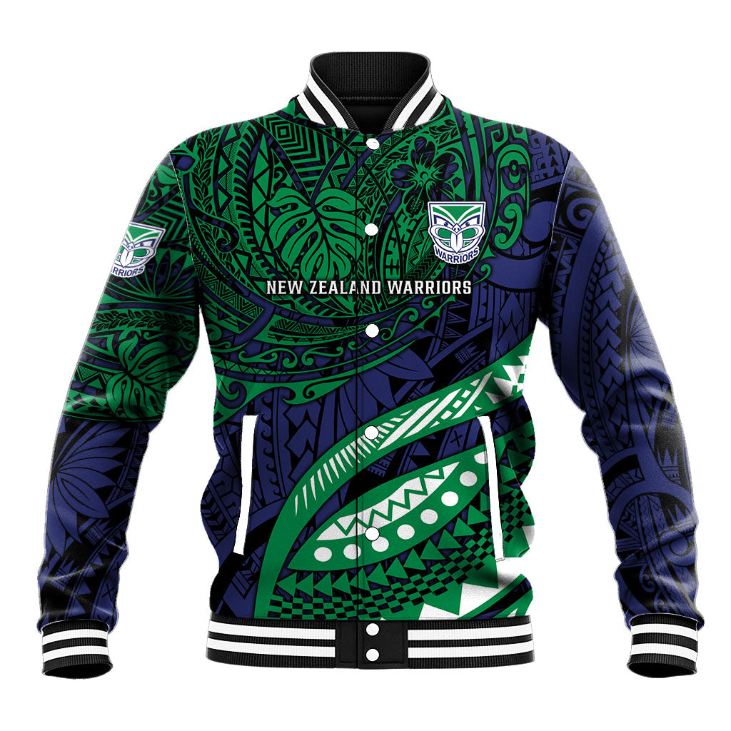 Personalised New Zealand Warriors Baseball Jacket Polynesian Tribal Art Style With Fierce Warrior Mascot