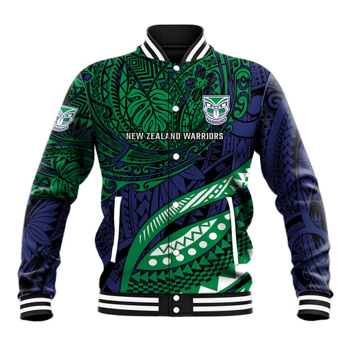 Personalised New Zealand Warriors Baseball Jacket Polynesian Tribal Art Style With Fierce Warrior Mascot