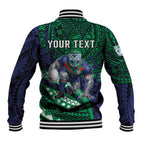 Personalised New Zealand Warriors Baseball Jacket Polynesian Tribal Art Style With Fierce Warrior Mascot