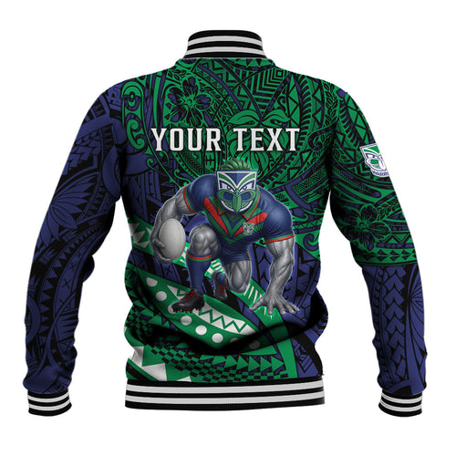 Personalised New Zealand Warriors Baseball Jacket Polynesian Tribal Art Style With Fierce Warrior Mascot