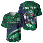 Personalised New Zealand Warriors Baseball Jersey Polynesian Tribal Art Style With Fierce Warrior Mascot