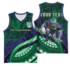 Personalised New Zealand Warriors Basketball Jersey Polynesian Tribal Art Style With Fierce Warrior Mascot