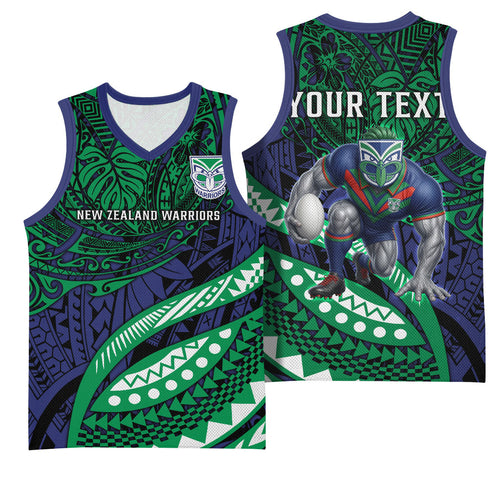 Personalised New Zealand Warriors Basketball Jersey Polynesian Tribal Art Style With Fierce Warrior Mascot