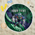Personalised New Zealand Warriors Beach Blanket Polynesian Tribal Art Style With Fierce Warrior Mascot