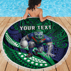Personalised New Zealand Warriors Beach Blanket Polynesian Tribal Art Style With Fierce Warrior Mascot