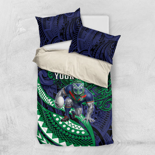 Personalised New Zealand Warriors Bedding Set Polynesian Tribal Art Style With Fierce Warrior Mascot