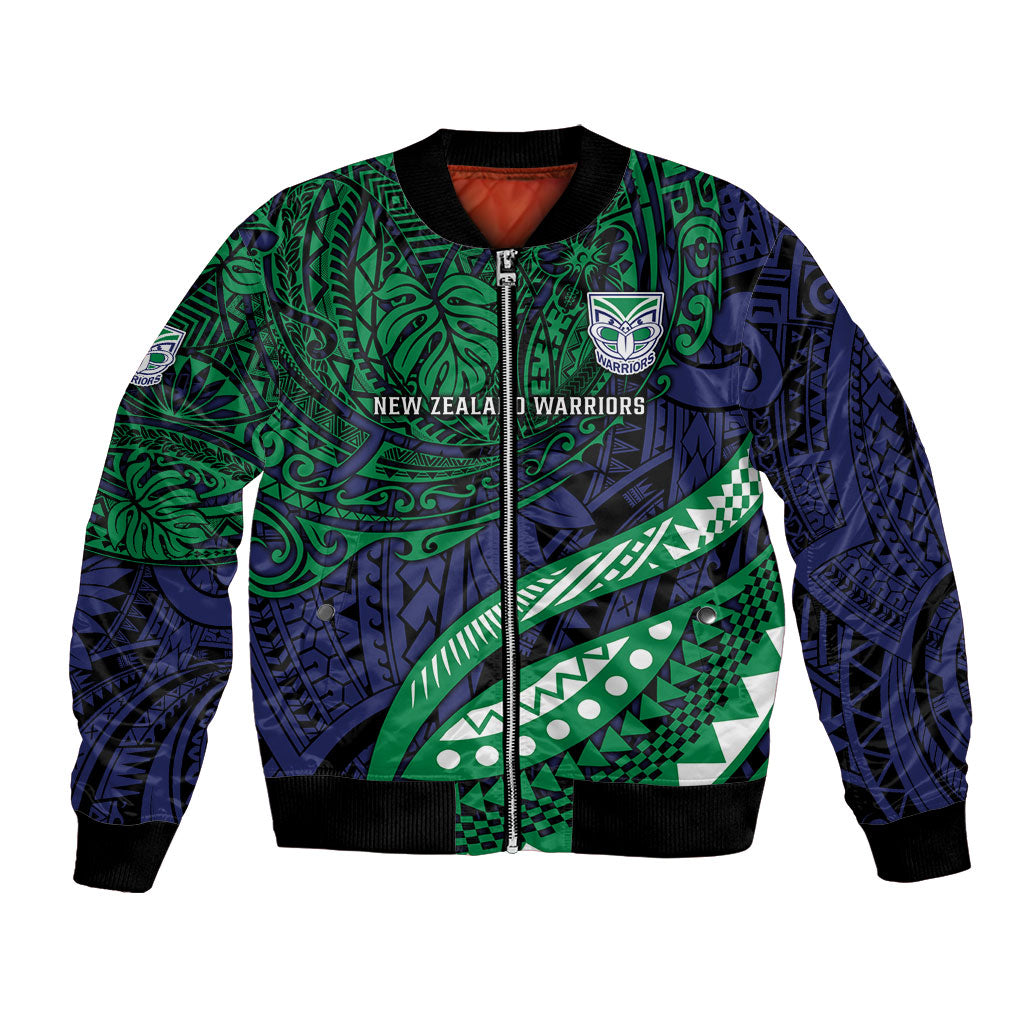 Personalised New Zealand Warriors Bomber Jacket Polynesian Tribal Art Style With Fierce Warrior Mascot