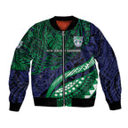 Personalised New Zealand Warriors Bomber Jacket Polynesian Tribal Art Style With Fierce Warrior Mascot