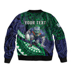 Personalised New Zealand Warriors Bomber Jacket Polynesian Tribal Art Style With Fierce Warrior Mascot