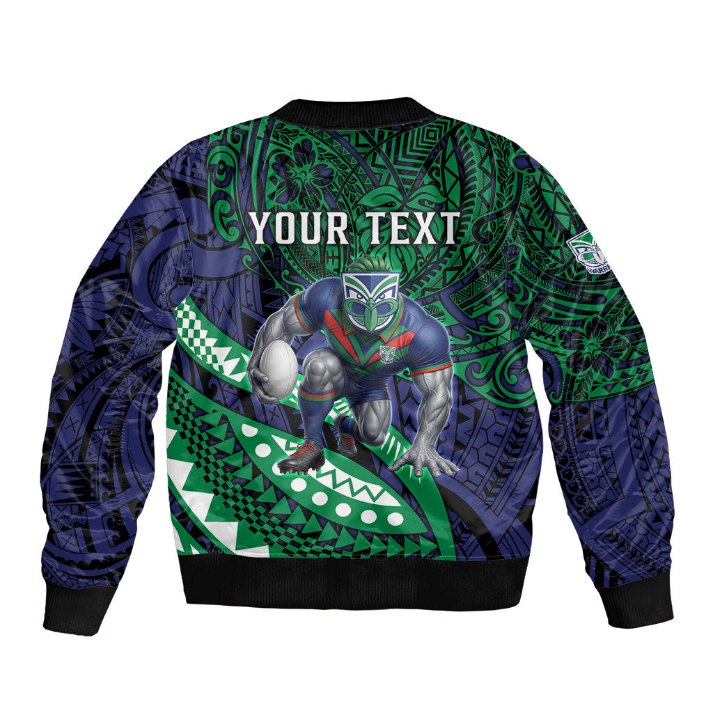 Personalised New Zealand Warriors Bomber Jacket Polynesian Tribal Art Style With Fierce Warrior Mascot