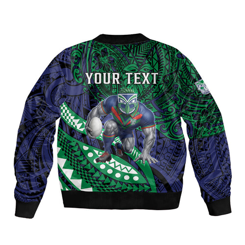 Personalised New Zealand Warriors Bomber Jacket Polynesian Tribal Art Style With Fierce Warrior Mascot
