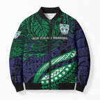 Personalised New Zealand Warriors Bomber Puffer Jacket Polynesian Tribal Art Style With Fierce Warrior Mascot