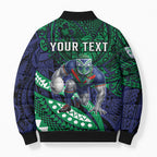 Personalised New Zealand Warriors Bomber Puffer Jacket Polynesian Tribal Art Style With Fierce Warrior Mascot