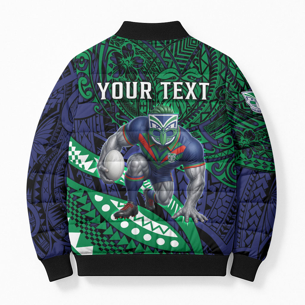 Personalised New Zealand Warriors Bomber Puffer Jacket Polynesian Tribal Art Style With Fierce Warrior Mascot