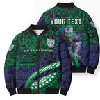 Personalised New Zealand Warriors Bomber Puffer Jacket Polynesian Tribal Art Style With Fierce Warrior Mascot