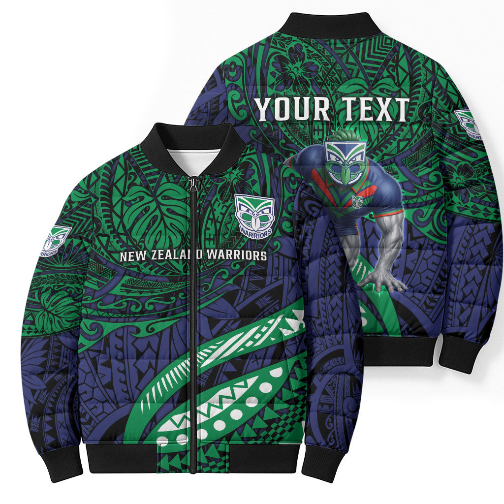 Personalised New Zealand Warriors Bomber Puffer Jacket Polynesian Tribal Art Style With Fierce Warrior Mascot