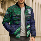 Personalised New Zealand Warriors Bomber Puffer Jacket Polynesian Tribal Art Style With Fierce Warrior Mascot