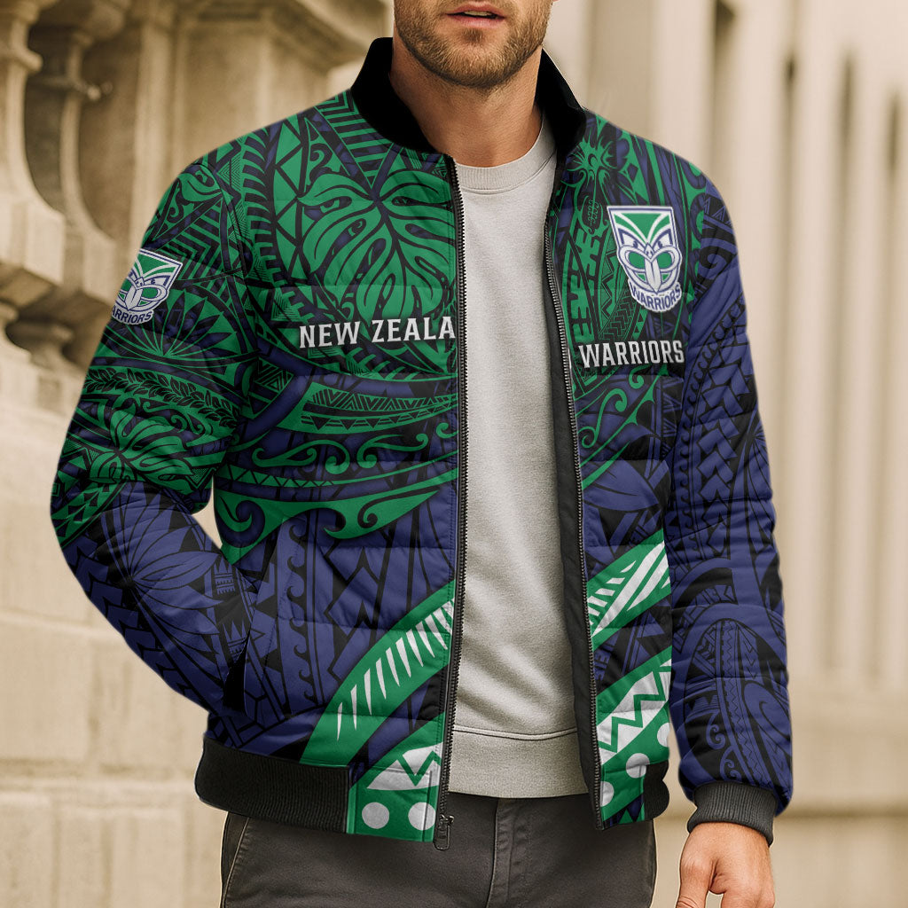 Personalised New Zealand Warriors Bomber Puffer Jacket Polynesian Tribal Art Style With Fierce Warrior Mascot