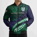 Personalised New Zealand Warriors Bomber Puffer Jacket Polynesian Tribal Art Style With Fierce Warrior Mascot