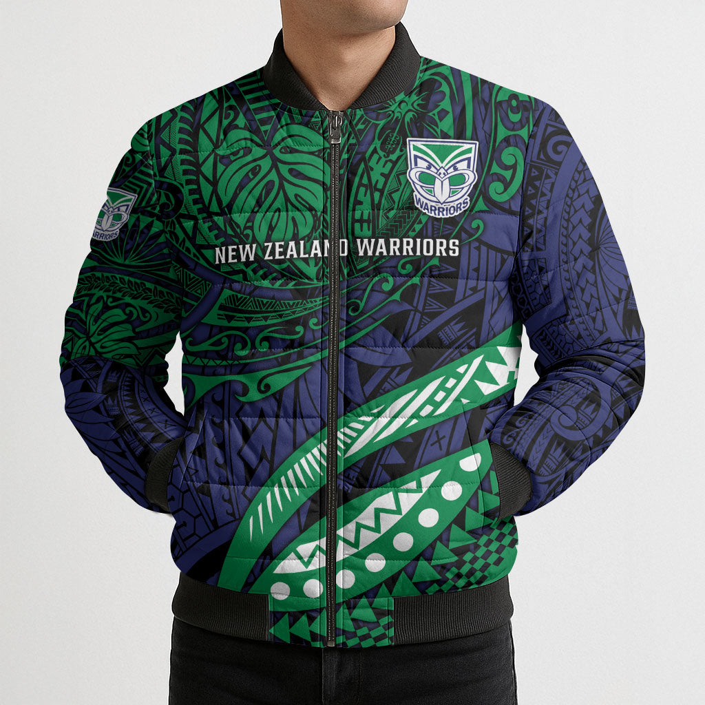 Personalised New Zealand Warriors Bomber Puffer Jacket Polynesian Tribal Art Style With Fierce Warrior Mascot