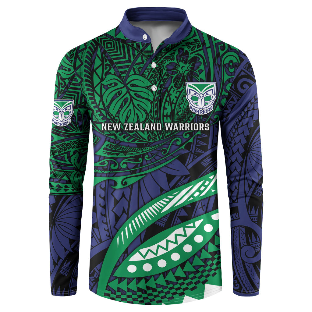 Personalised New Zealand Warriors Button Sweatshirt Polynesian Tribal Art Style With Fierce Warrior Mascot