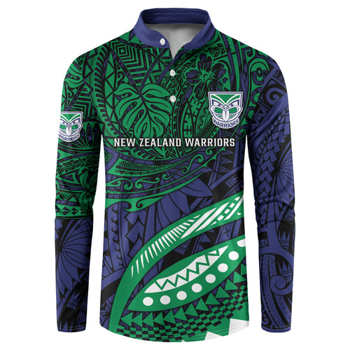 Personalised New Zealand Warriors Button Sweatshirt Polynesian Tribal Art Style With Fierce Warrior Mascot