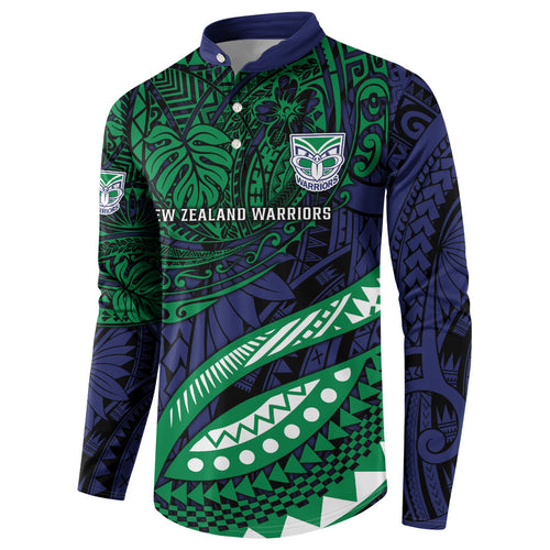 Personalised New Zealand Warriors Button Sweatshirt Polynesian Tribal Art Style With Fierce Warrior Mascot