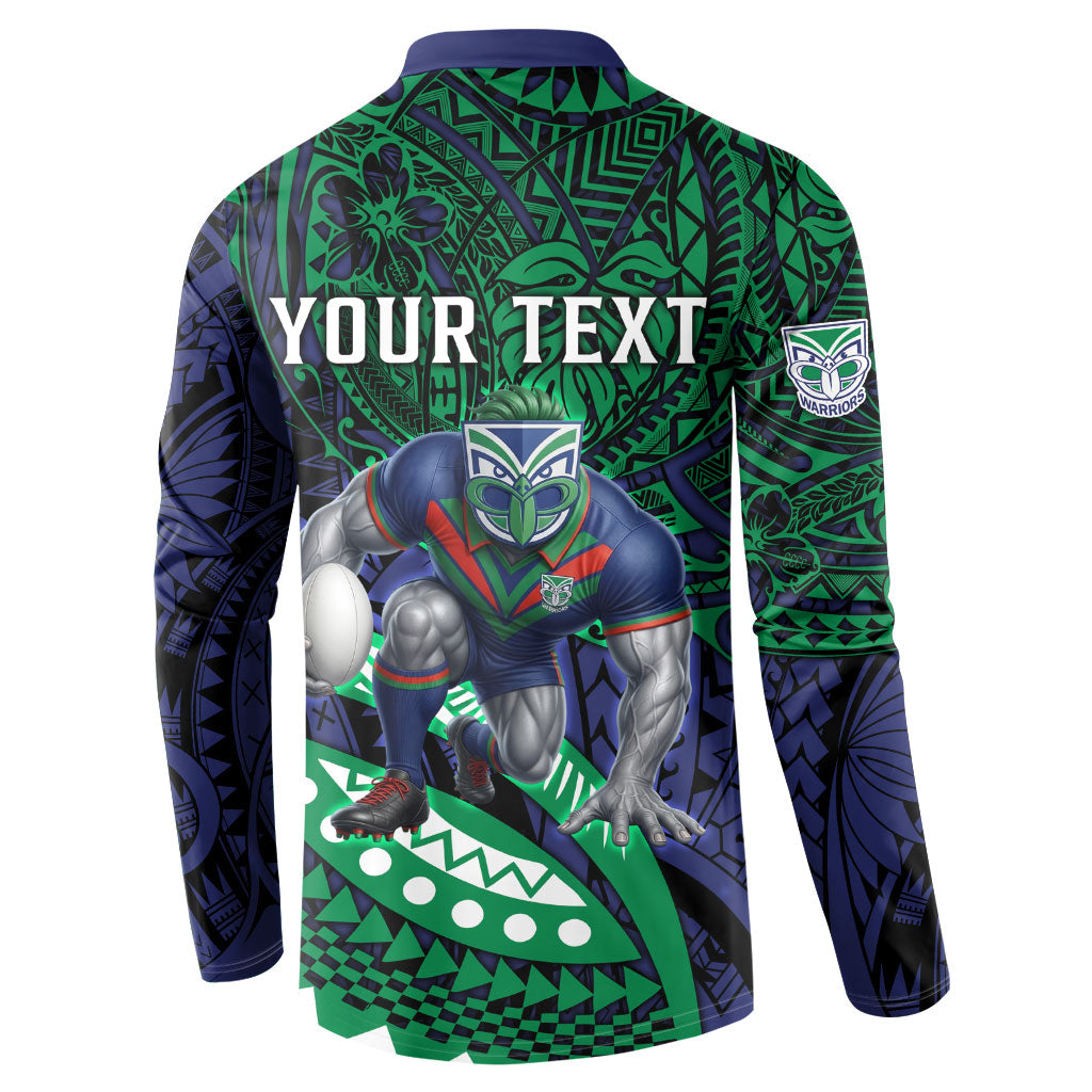 Personalised New Zealand Warriors Button Sweatshirt Polynesian Tribal Art Style With Fierce Warrior Mascot