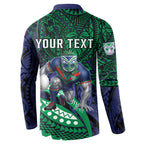 Personalised New Zealand Warriors Button Sweatshirt Polynesian Tribal Art Style With Fierce Warrior Mascot