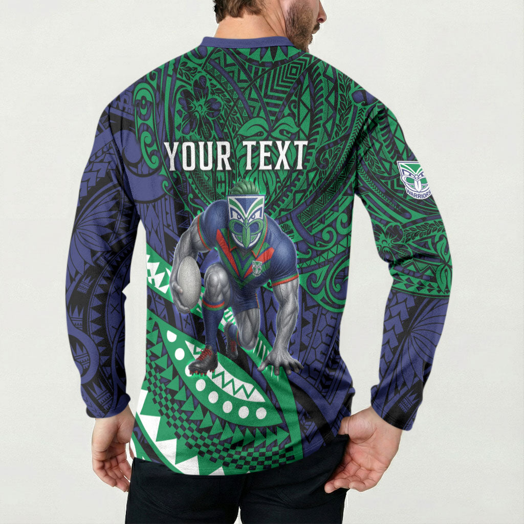 Personalised New Zealand Warriors Button Sweatshirt Polynesian Tribal Art Style With Fierce Warrior Mascot
