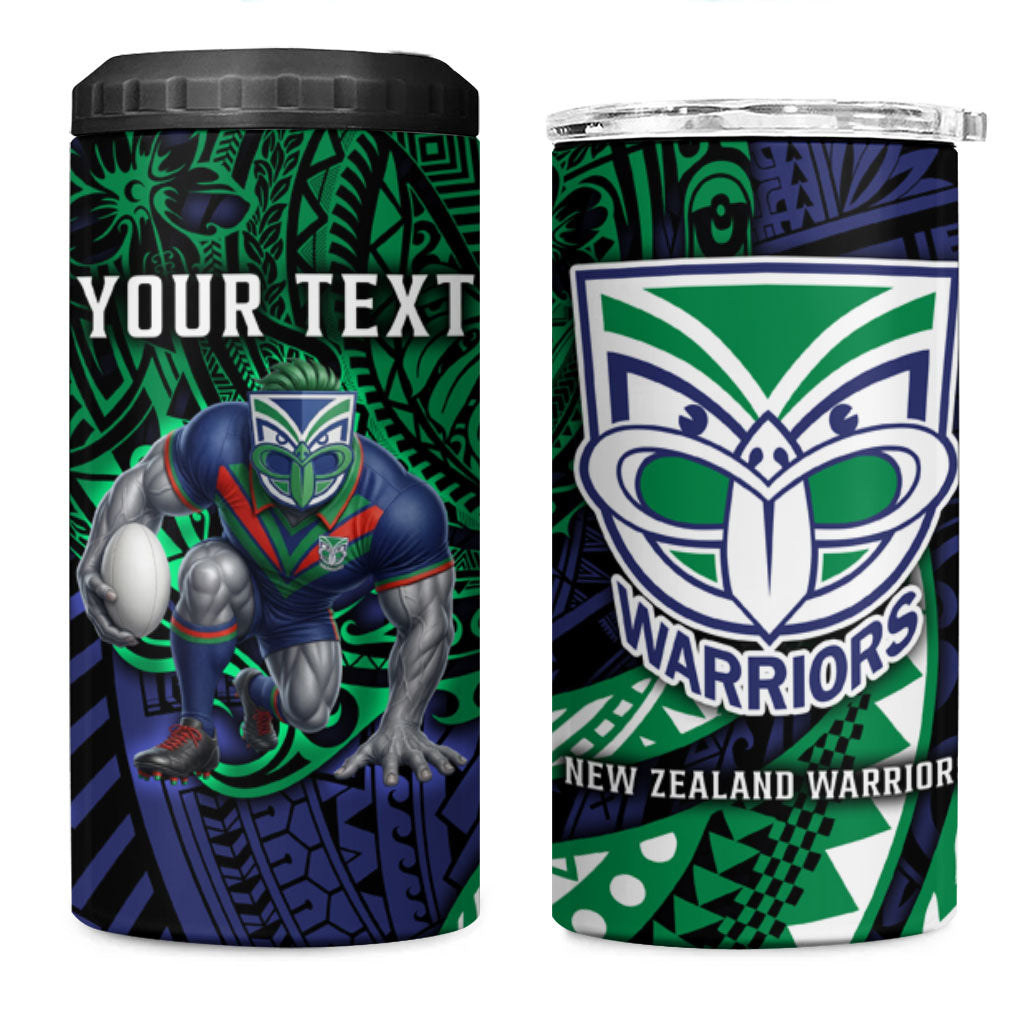 Personalised New Zealand Warriors 4 in 1 Can Cooler Tumbler Polynesian Tribal Art Style With Fierce Warrior Mascot
