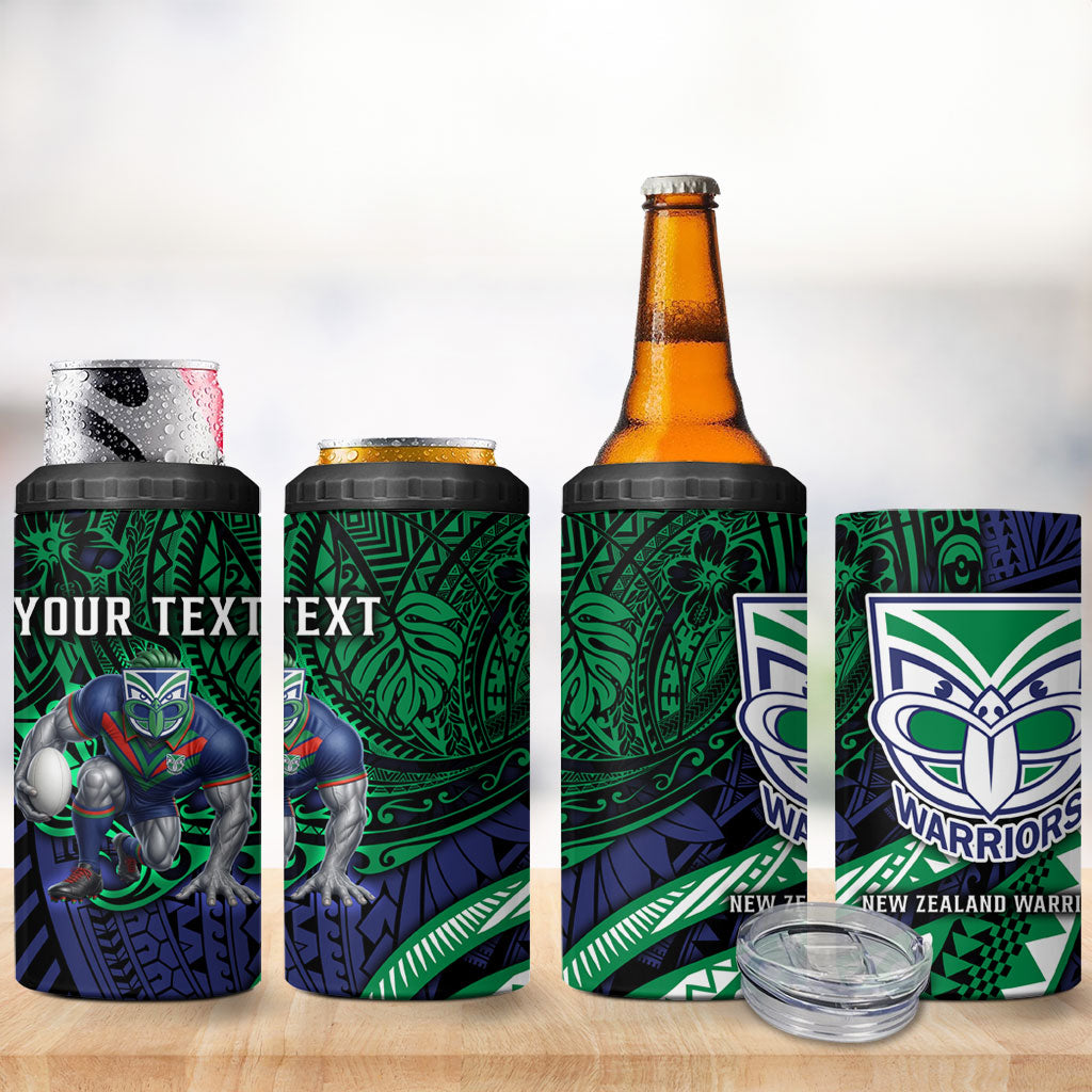 Personalised New Zealand Warriors 4 in 1 Can Cooler Tumbler Polynesian Tribal Art Style With Fierce Warrior Mascot