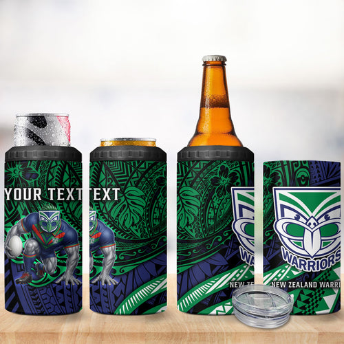 Personalised New Zealand Warriors 4 in 1 Can Cooler Tumbler Polynesian Tribal Art Style With Fierce Warrior Mascot