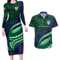 Personalised New Zealand Warriors Couples Matching Long Sleeve Bodycon Dress and Hawaiian Shirt Polynesian Tribal Art Style With Fierce Warrior Mascot
