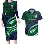 Personalised New Zealand Warriors Couples Matching Long Sleeve Bodycon Dress and Hawaiian Shirt Polynesian Tribal Art Style With Fierce Warrior Mascot