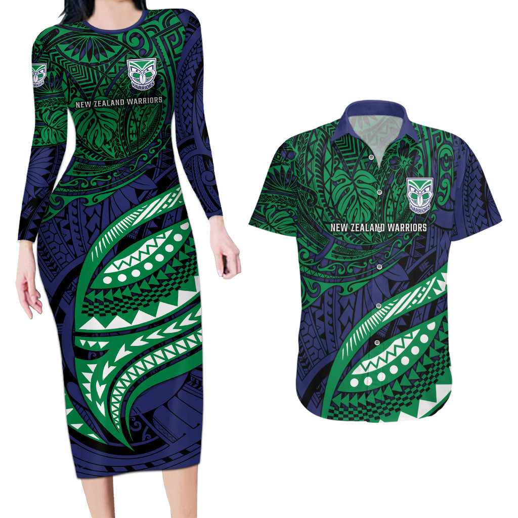 Personalised New Zealand Warriors Couples Matching Long Sleeve Bodycon Dress and Hawaiian Shirt Polynesian Tribal Art Style With Fierce Warrior Mascot