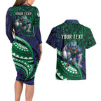 Personalised New Zealand Warriors Couples Matching Long Sleeve Bodycon Dress and Hawaiian Shirt Polynesian Tribal Art Style With Fierce Warrior Mascot